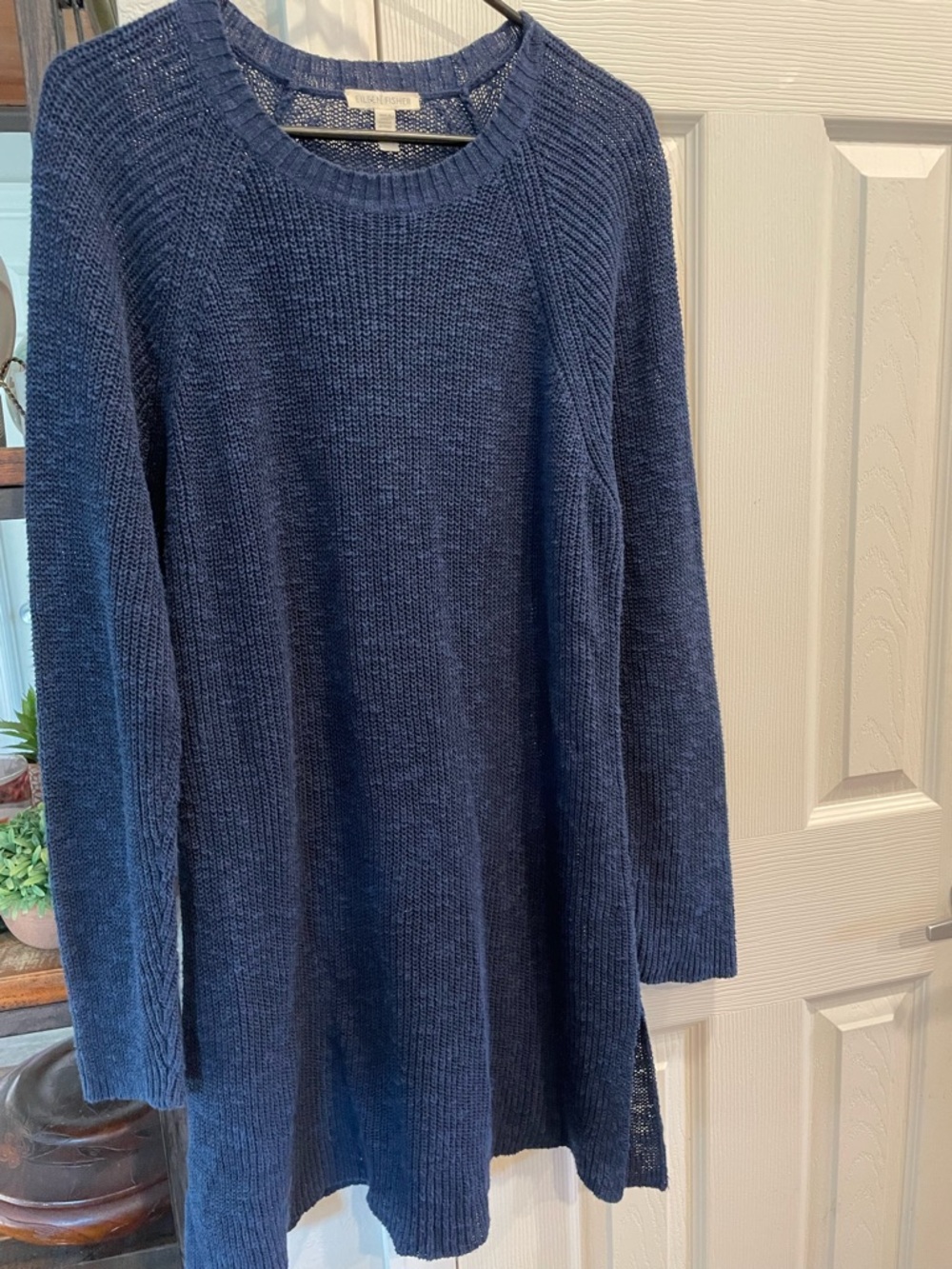 Eileen Fisher Navy Long sleeve Organic Linen/Cotton blend Knit Sweater Dress XL